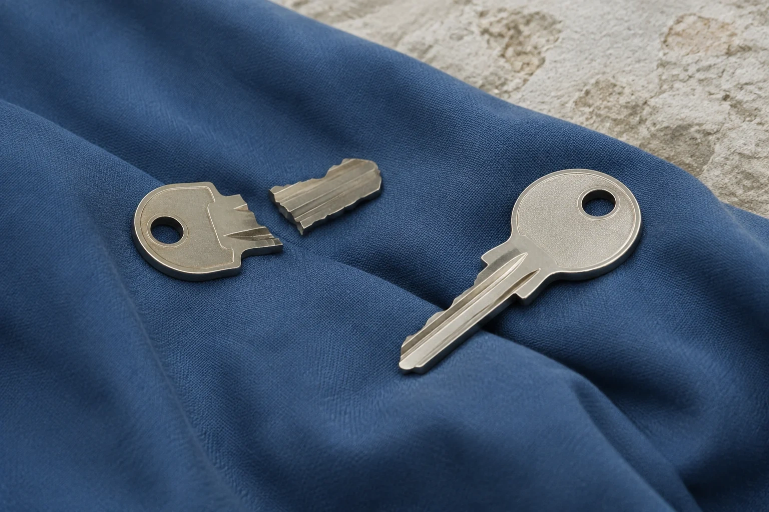 An intact key and a key broken into two pieces resting on blue cloth.
