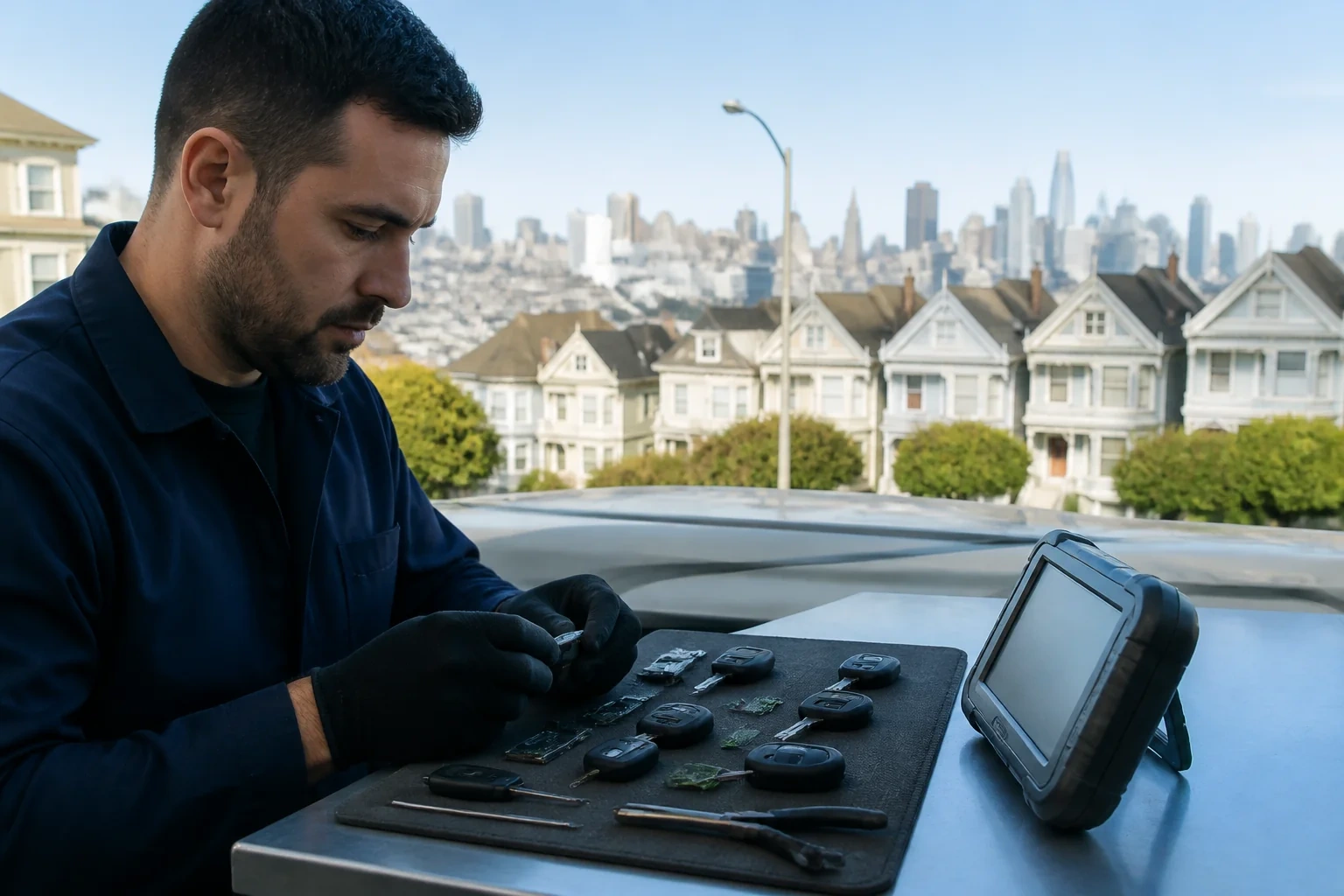 Person handling a small component at a table holding car keys, exposed circuit boards, hand tools and a tablet.