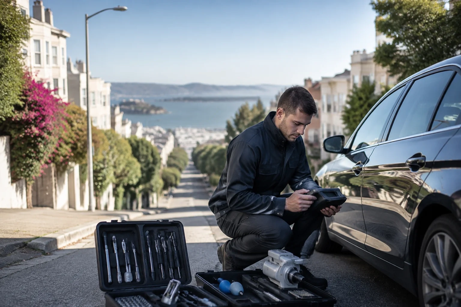 Person kneeling beside a parked car and holding a handheld screen, with open tool cases on the road.
