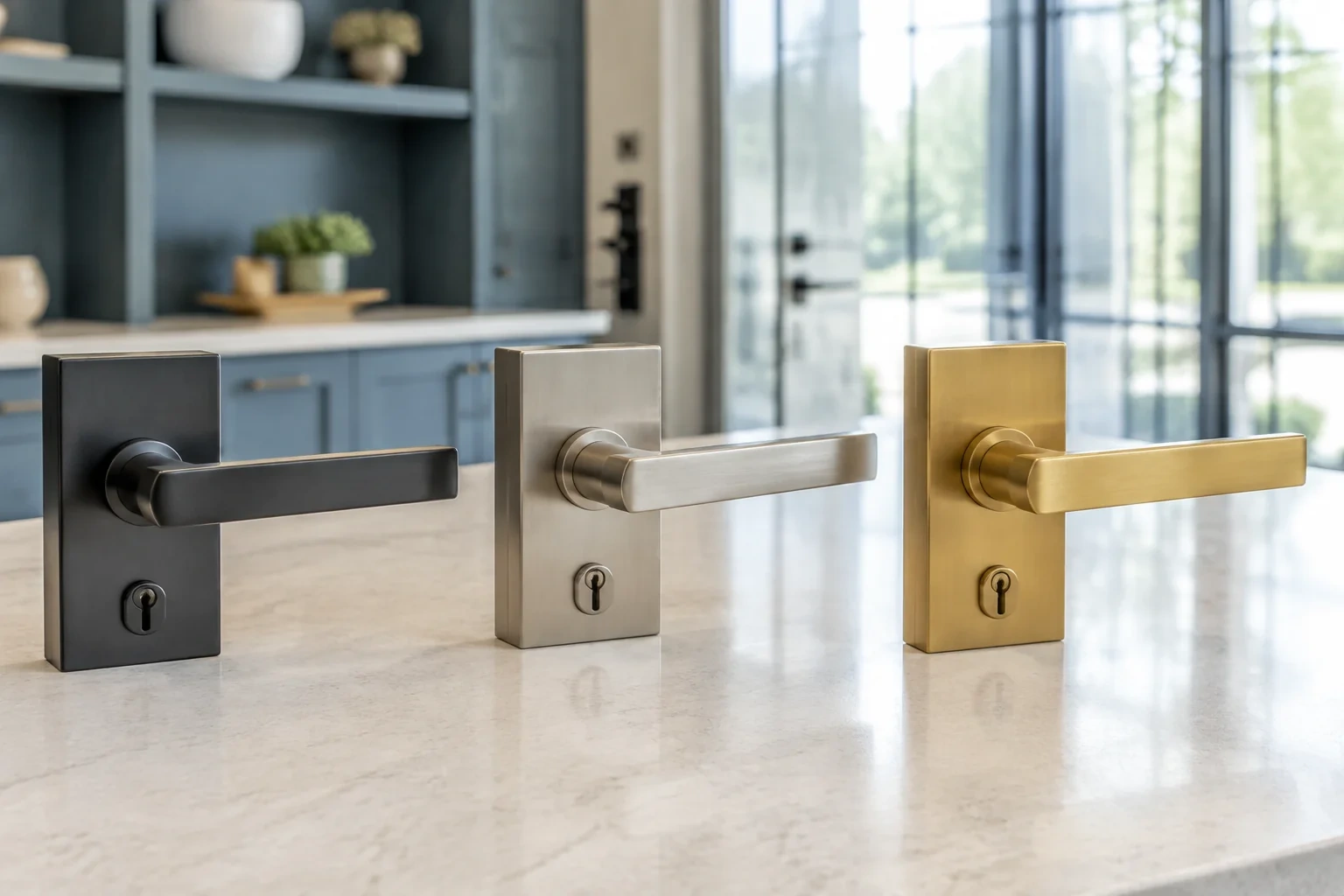 Three rectangular door-handle sets with keyholes in black, silver-colored and gold-colored finishes standing on a countertop.