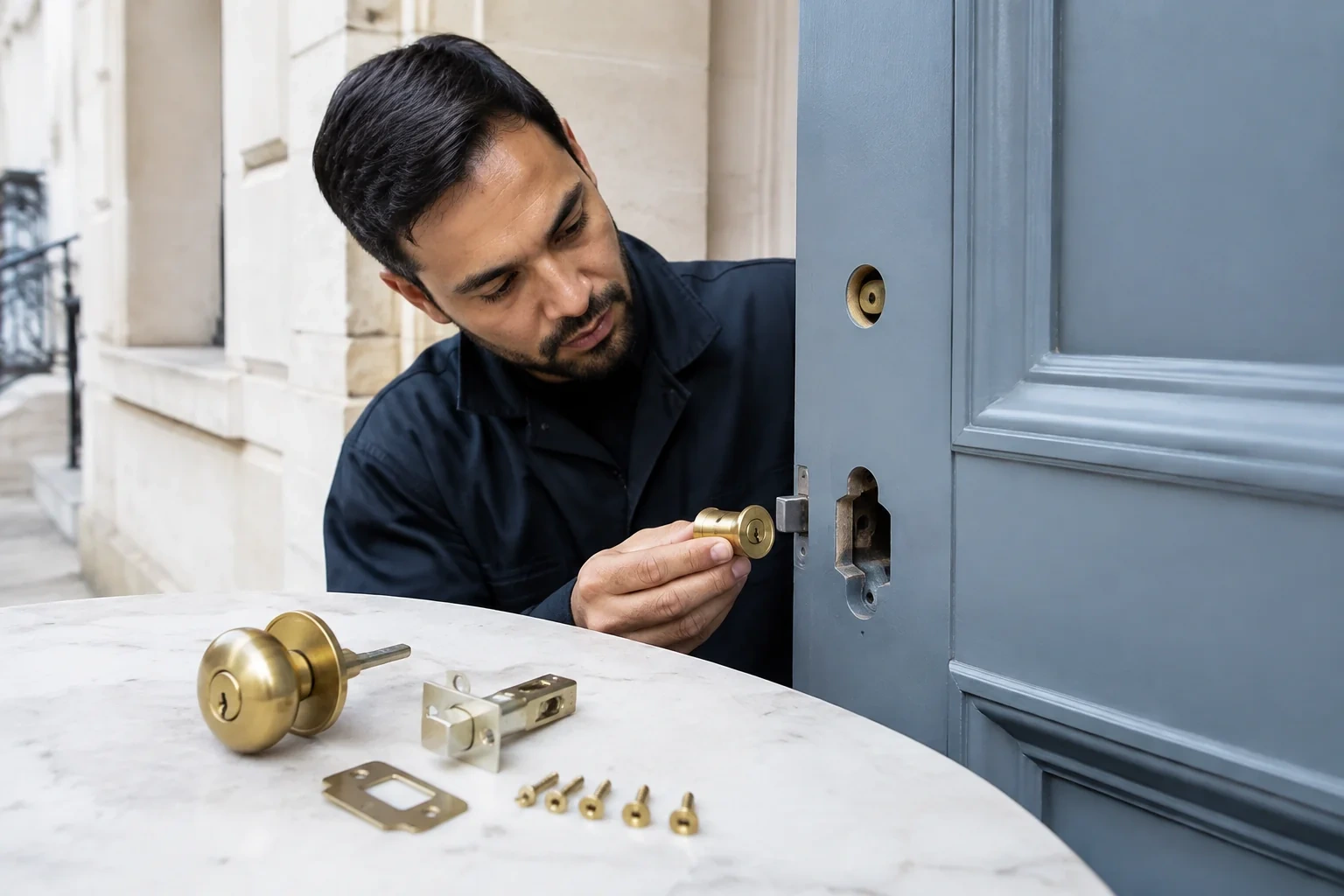 Person holding a brass-colored lock cylinder beside an open blue door, with a knob, latch, strike plate and screws on a table.