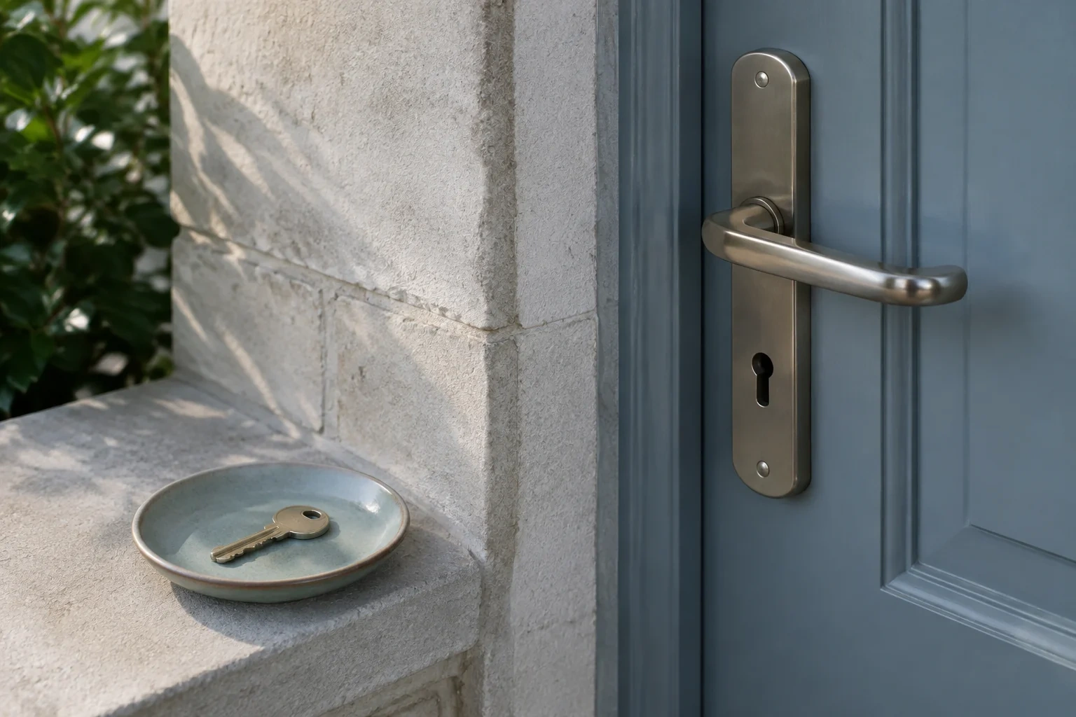 A silver-colored lever handle and keyhole on a blue door, with a key resting in a small dish on the adjacent ledge.