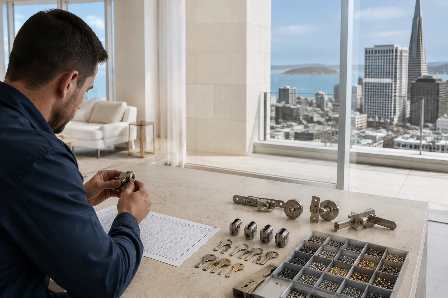 Person handling a lock component at a table with keys, cylinders, door hardware and a divided tray of small pins.