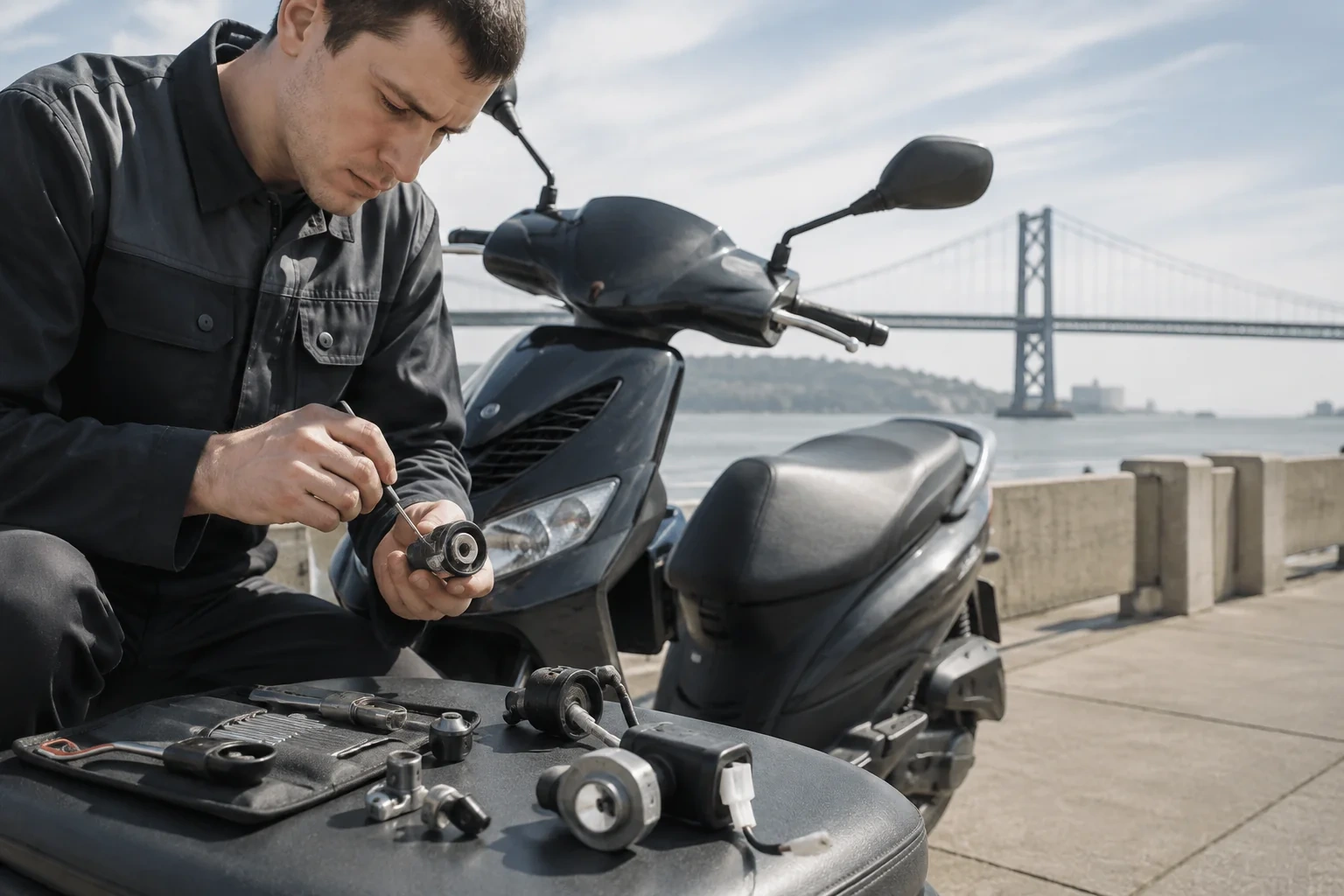 Person handling a cylindrical lock component with a small tool beside a scooter, with additional components laid out in front.