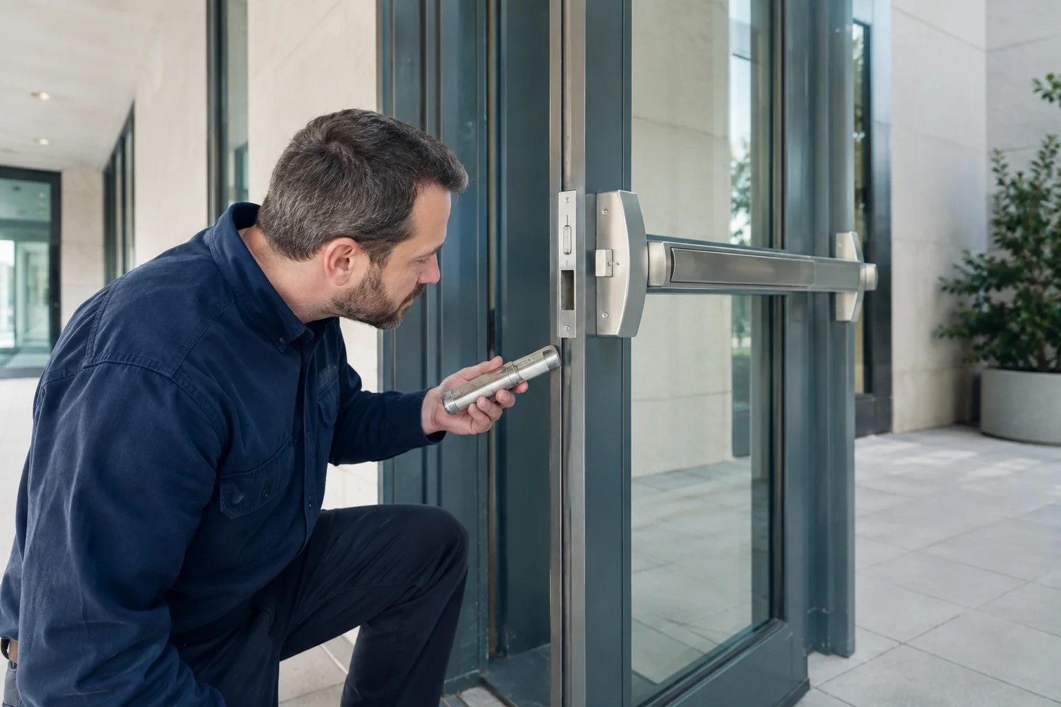 Person holding a flashlight near the edge hardware of an open glass door fitted with a horizontal push bar.