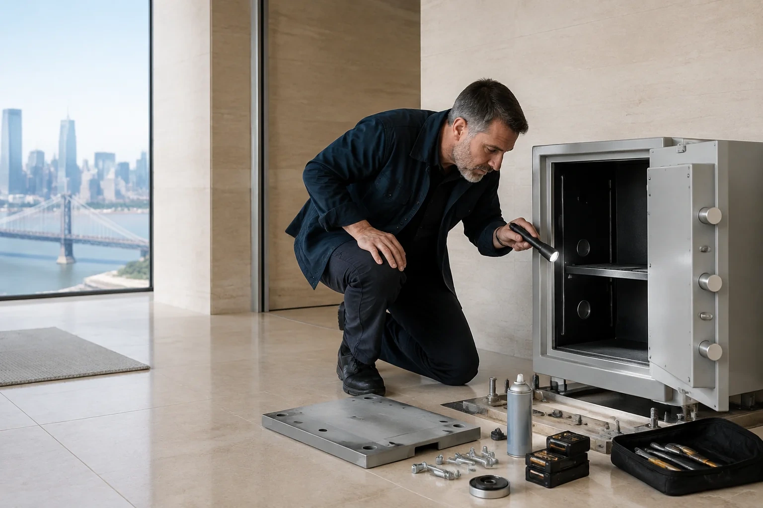 Person shining a flashlight into an open silver-colored safe, with a loose metal plate, bolts and tools on the floor.