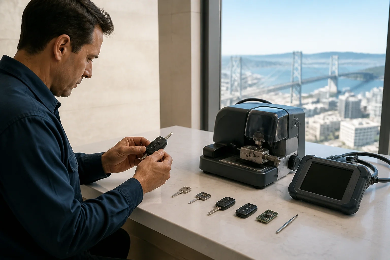 Person holding a car key beside a bench machine and electronic display, with keys and a circuit board arranged on the counter.
