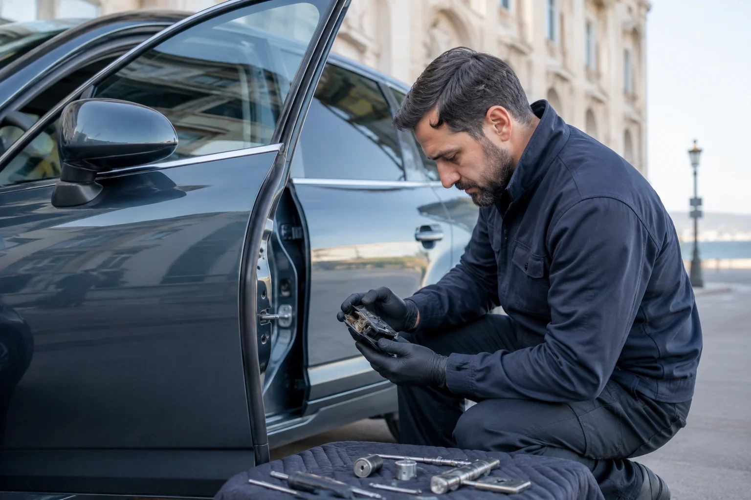 Person holding a small lock mechanism beside an open car door, with loose cylinders and tools on a padded surface.